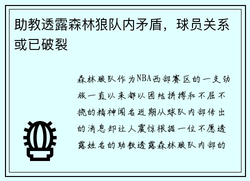 助教透露森林狼队内矛盾，球员关系或已破裂